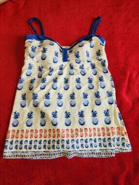 XL Women's 1pc Bathing Suit Blue White Pineapple Swimwear Beach Cover Up Dress